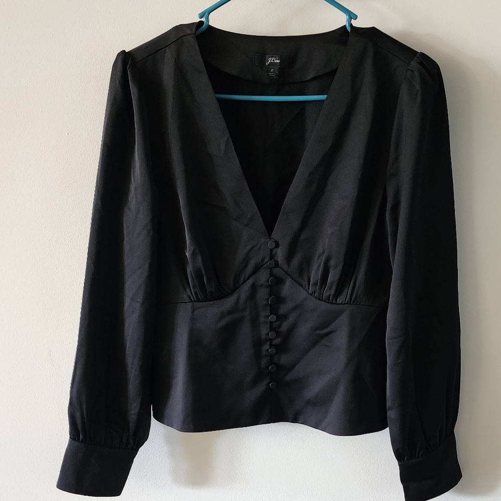 J. Crew Silky Button Blouse Womens 2 Black Preppy Gothic Chic Satin Night Out